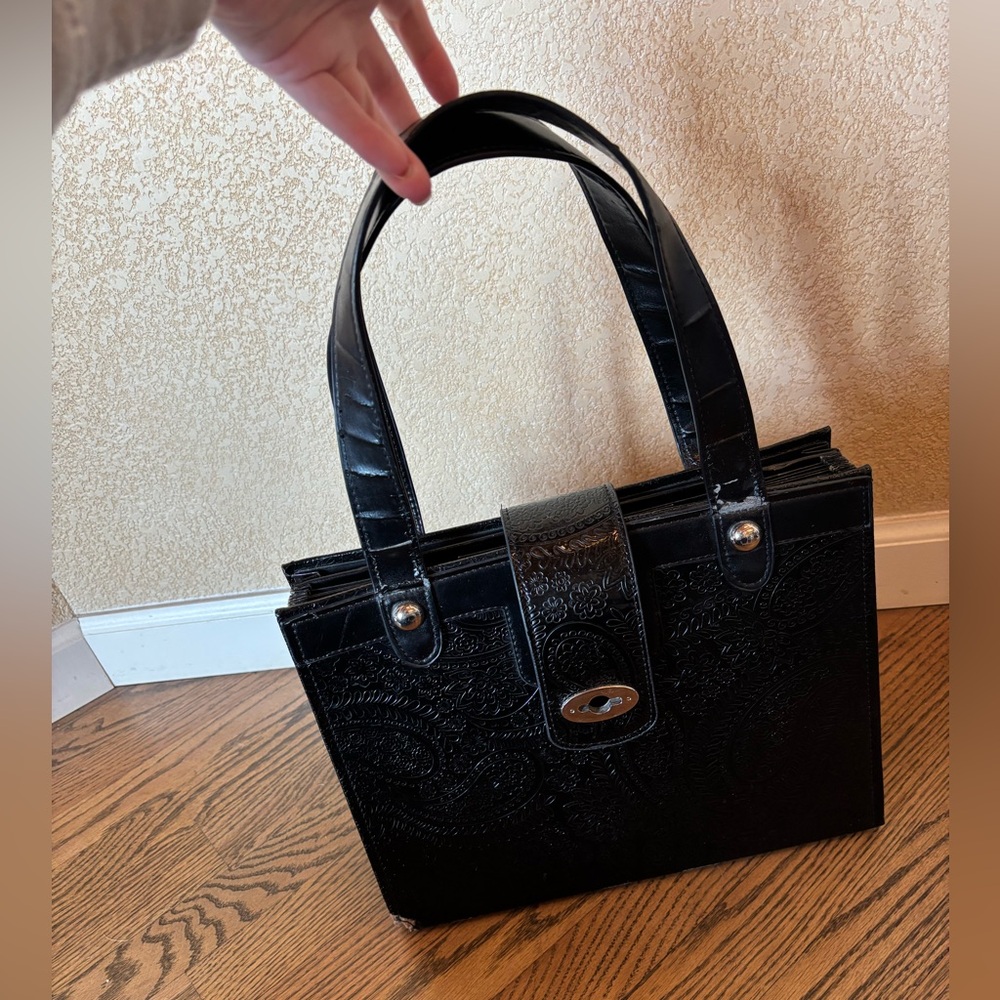 black faux leather file “N” go portable expandable 2 handle organizer.